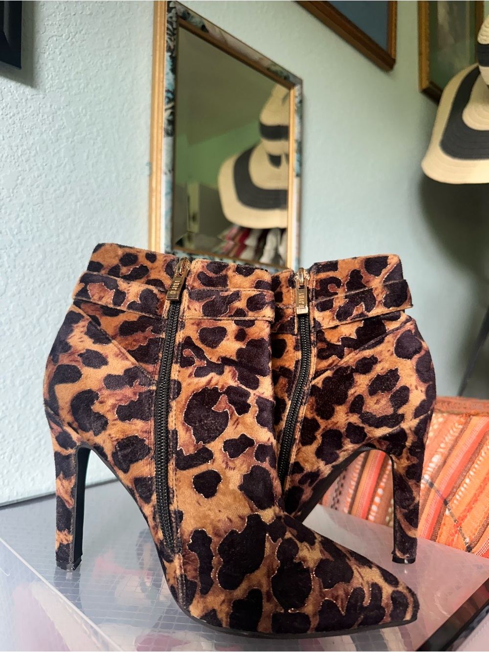 Leopard Print Suede Ankle Boots with Side Zippers